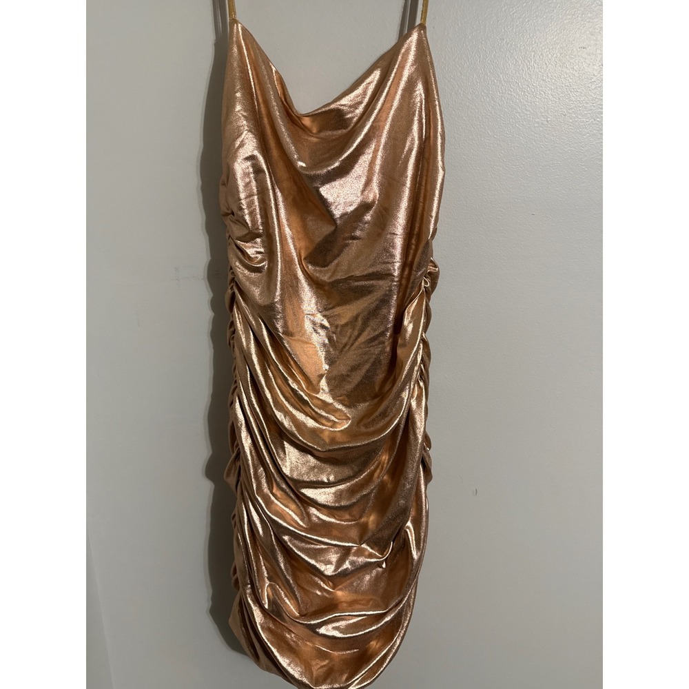 Rosedress Metallic Gold Ruched Cowl Neck Mini Dress Women XL Bodycon Party Night